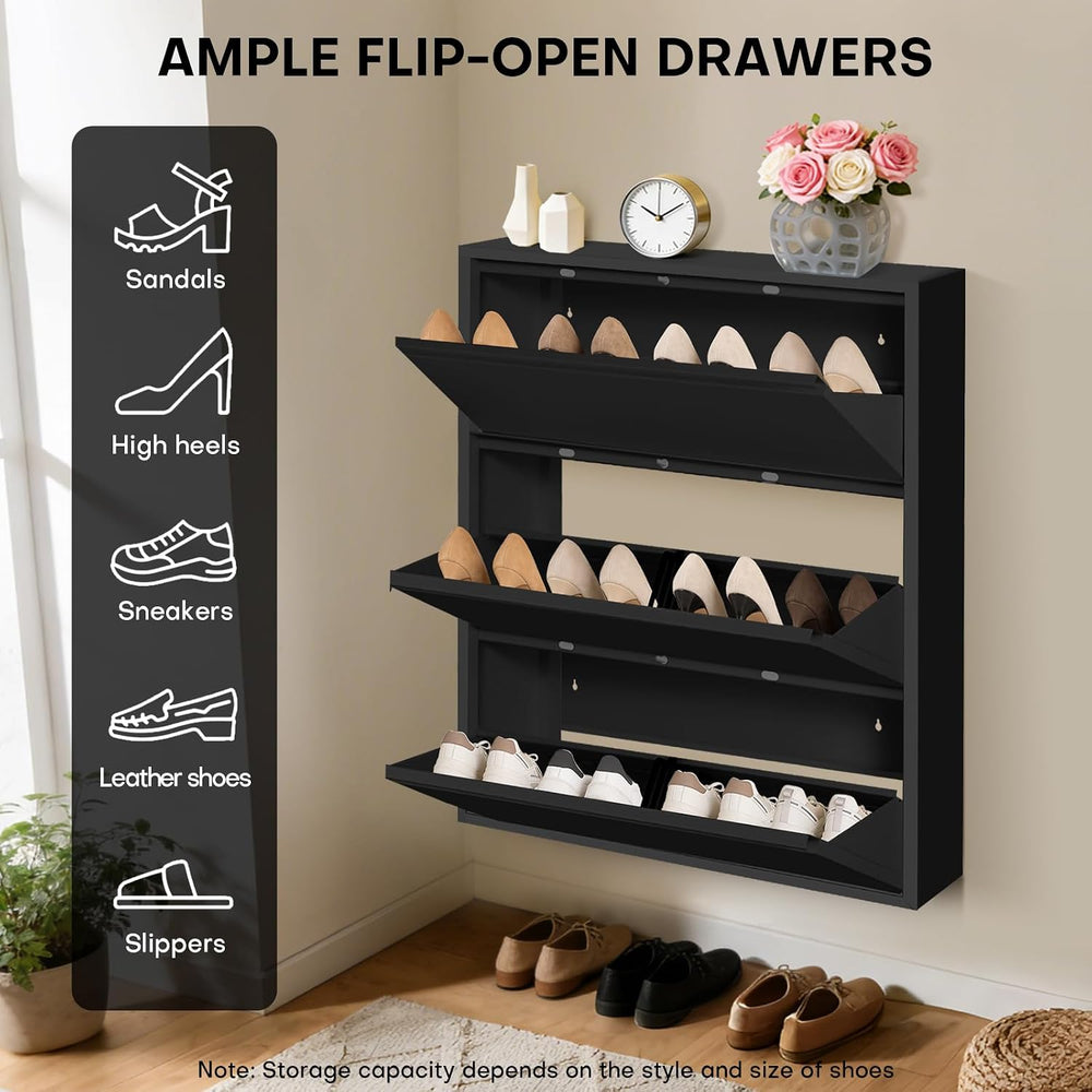 Shoe Storage Cabinet with 3 Flip Drawers, Hidden Slim Narrow Shoe Rack Cabine...