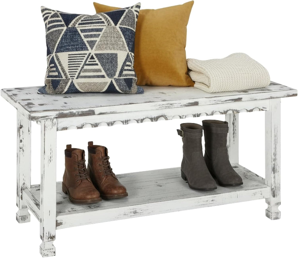 Country Cottage 36-Inch Farmhouse Entryway Bench with Storage Shelf – Solid P...