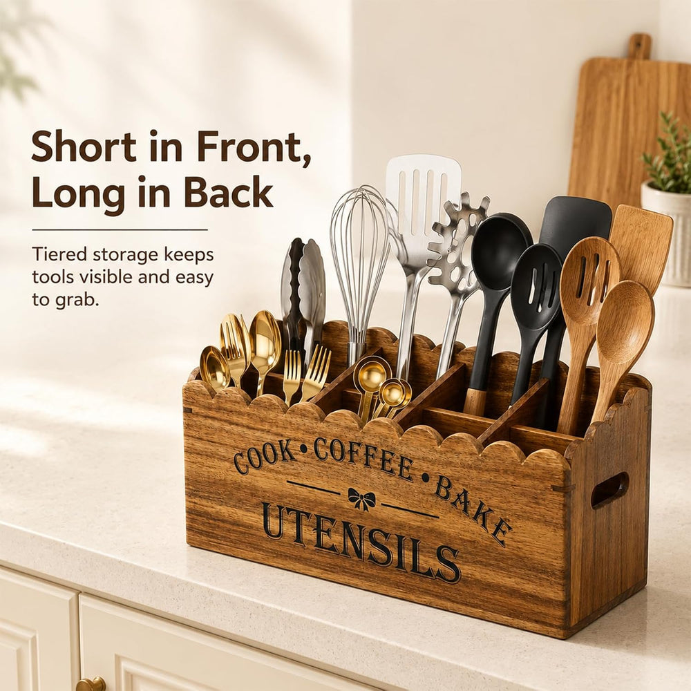 Acacia Wood Utensil Holder for Counter, 4-Compartment Organizer