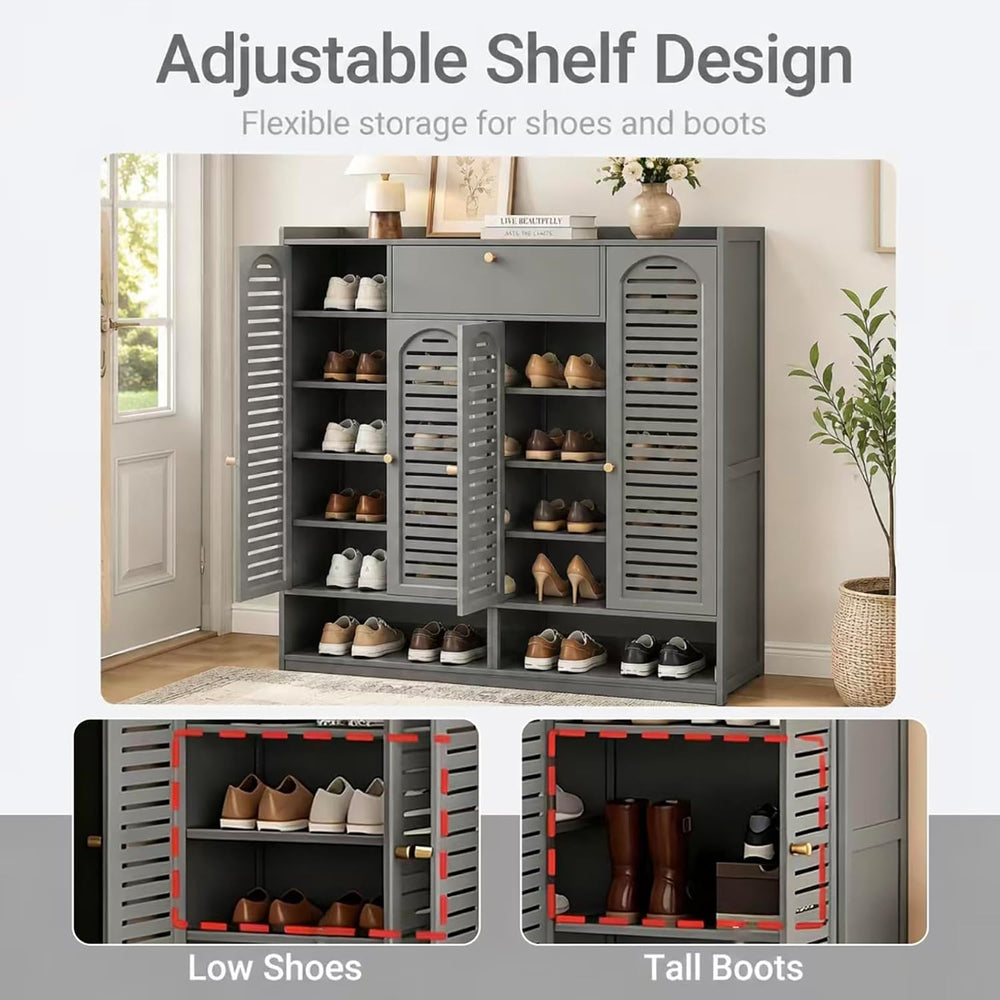 7-Tier Bamboo Shoe Cabinet, Shoe Storage Organizer with Louvered Doors and Dr...