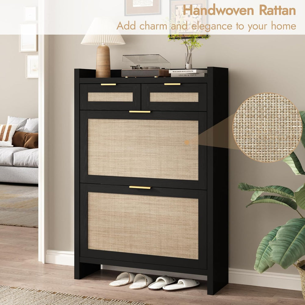 HOKYHOKY Rattan Shoe Storage Cabinet with 2 Drawers & 2 Flip Drawers