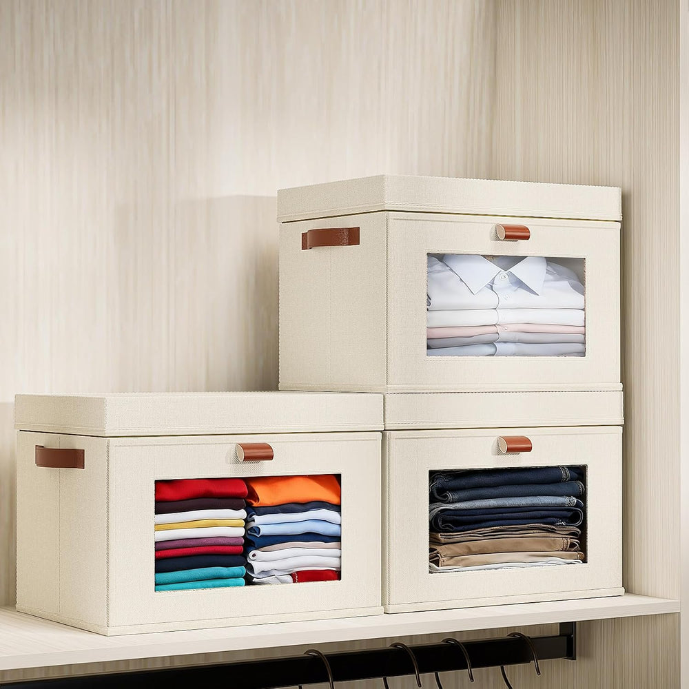 4-Pack Collapsible Stackable Storage Bins with Lids, Beige