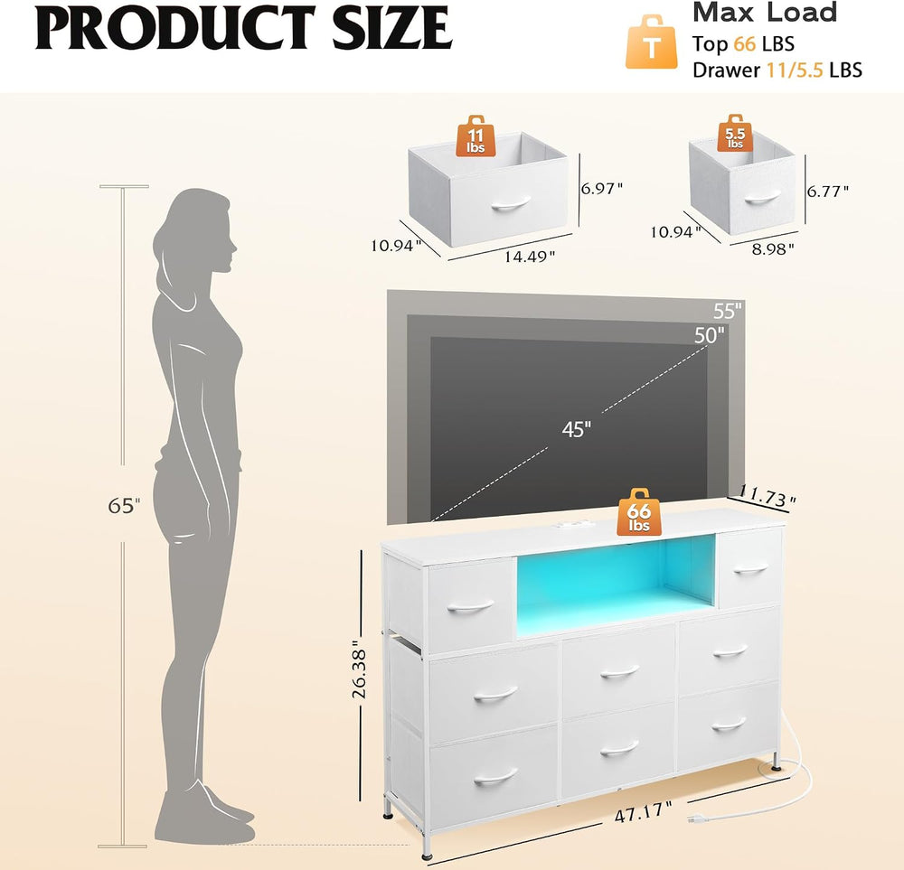 WLIVE LED Dresser TV Stand for 55 Inch TV, 8 Drawers, White