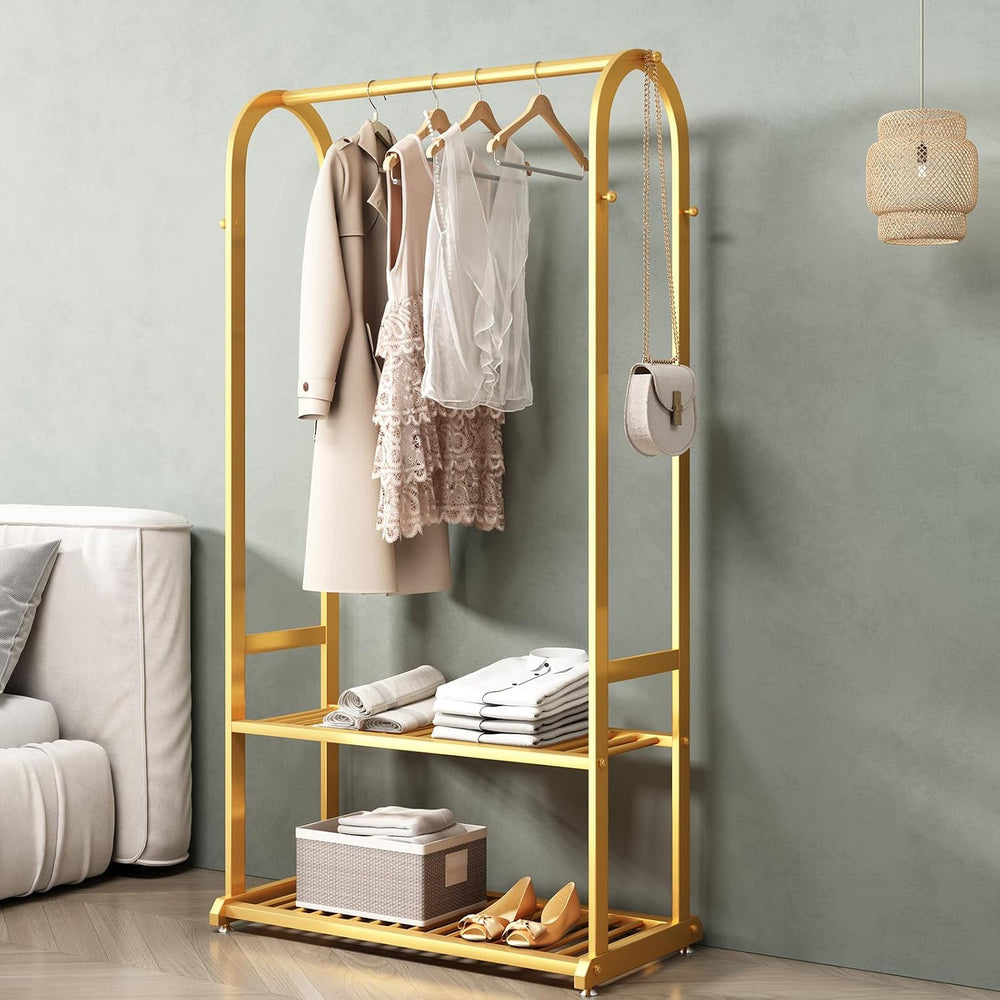 Gold Clothing Rack,Metal Garment Rack with Bottom Storage Shelves and 6 Side ...