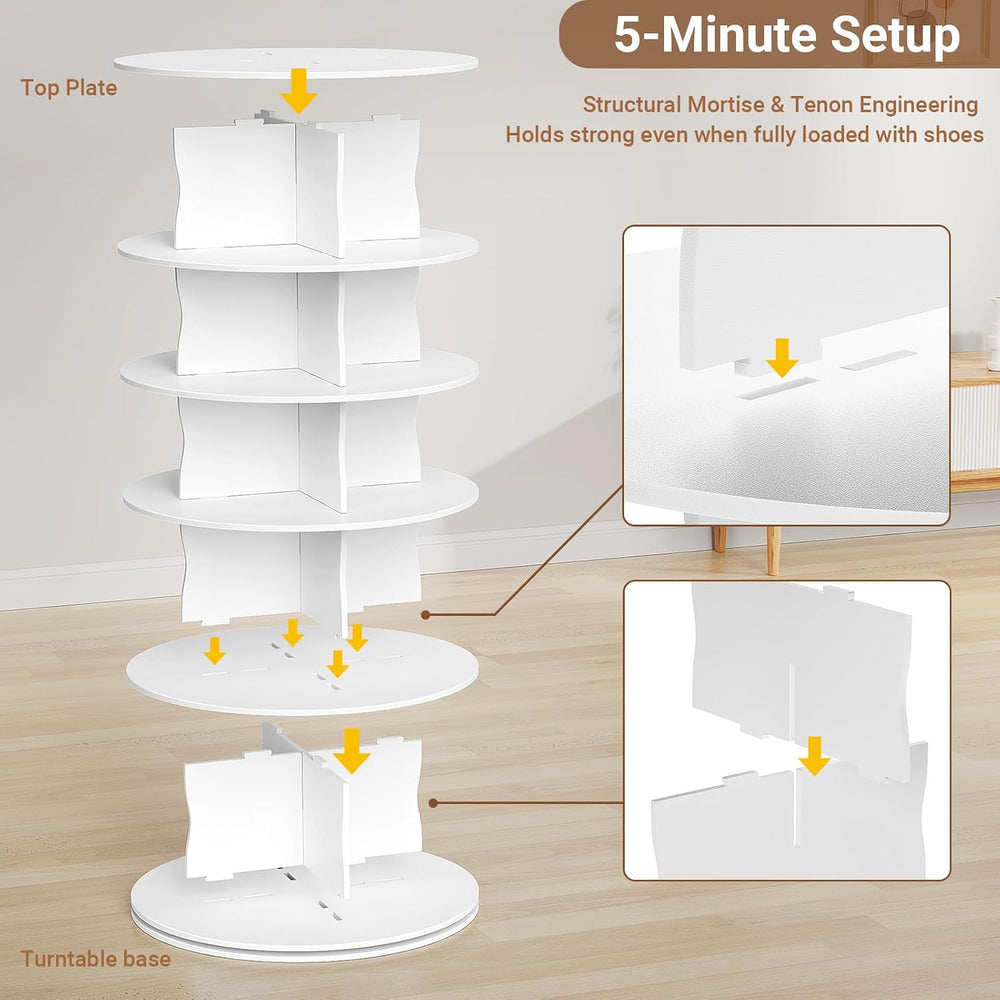 6-Tier Rotating Standing Shelf with Divider Shoe Rack Tower, White