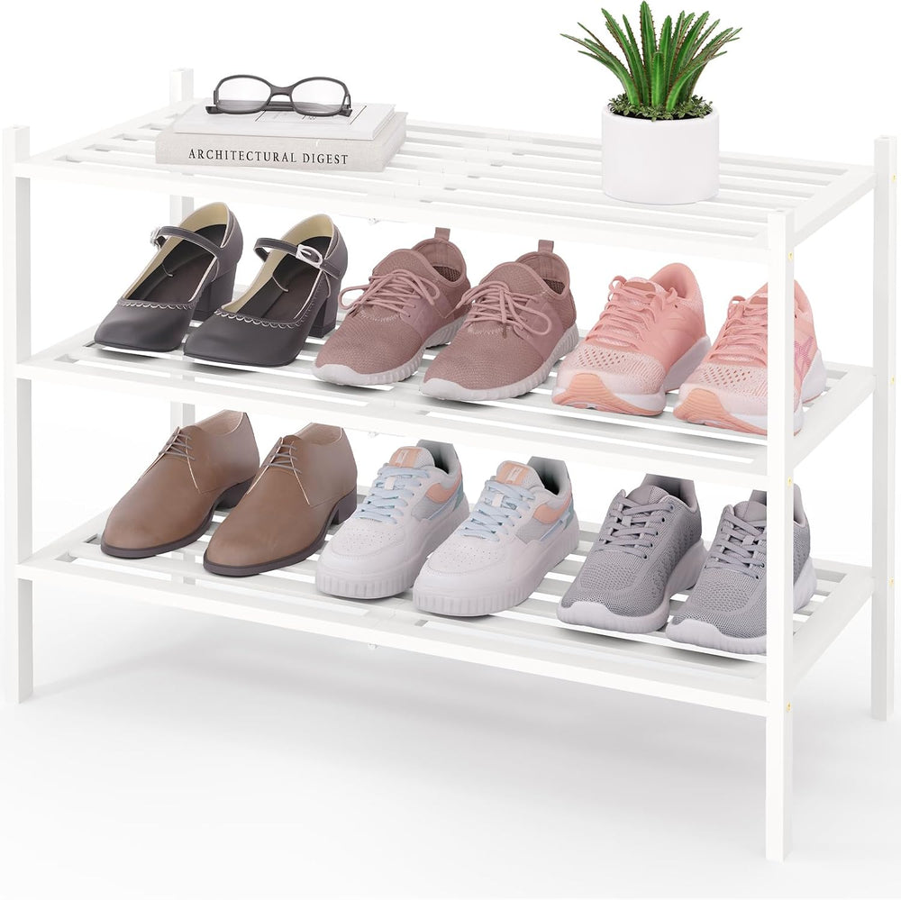 Smiry Bamboo Shoe Rack, 5 Horizontal Slats, 3 Tier - 26.8" Wide, White