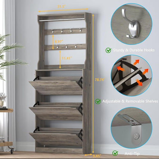 Shoe Cabinet with 3 Flip Drawers & Coat Rack, Narrow Hidden Shoe Storage Cabinet - Image 2
