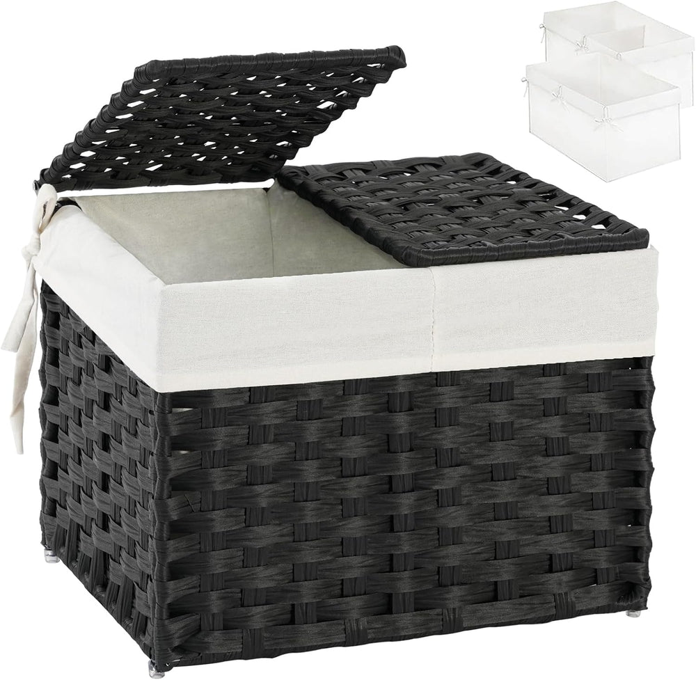 SETVSON Storage Basket with Lid, 2-Lid PE Rattan Storage Bin, Black