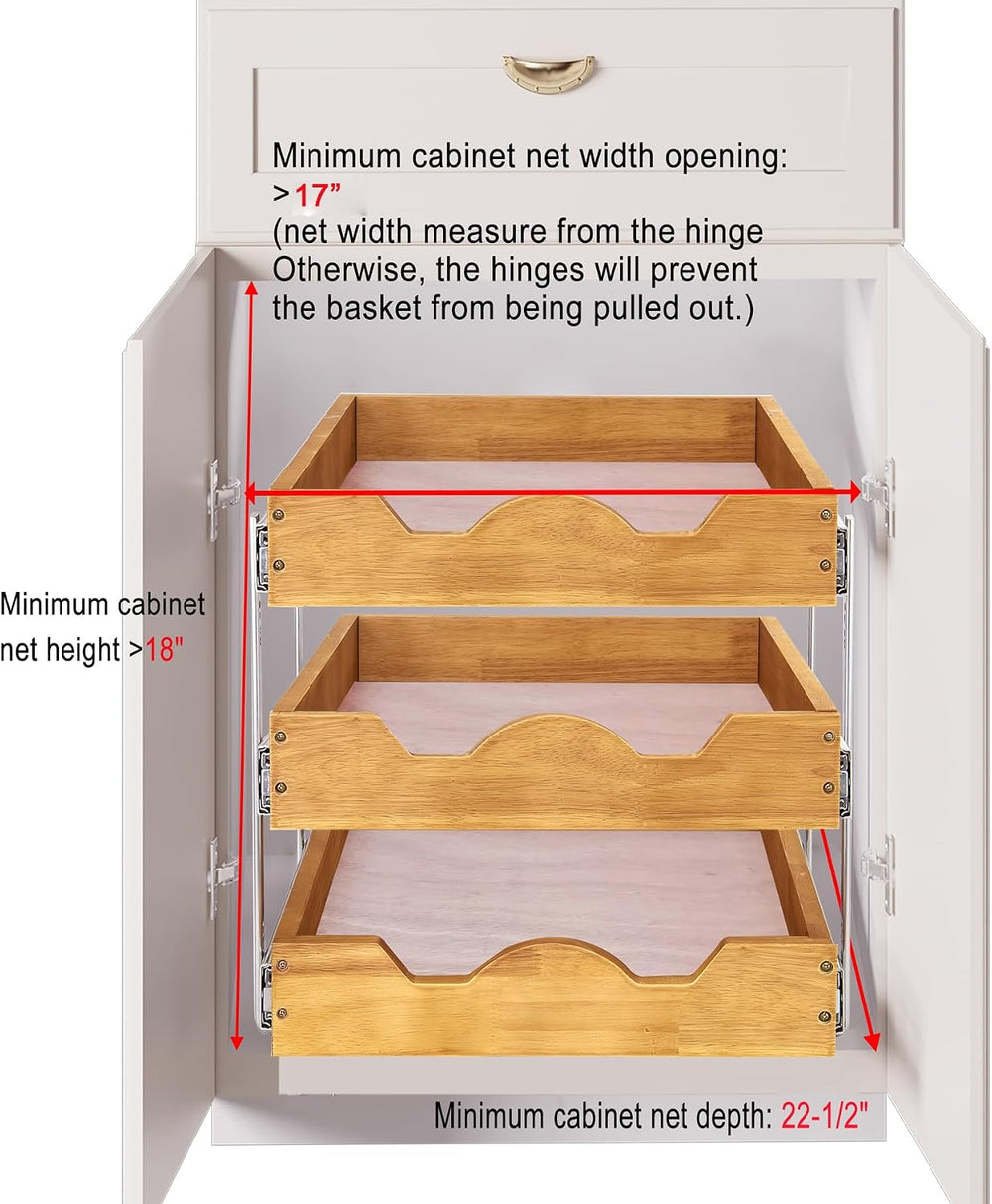 DINDON 3 Tier Pull Out Cabinet Organizer 17”W X21”D Slide Out Shelves With Sh...