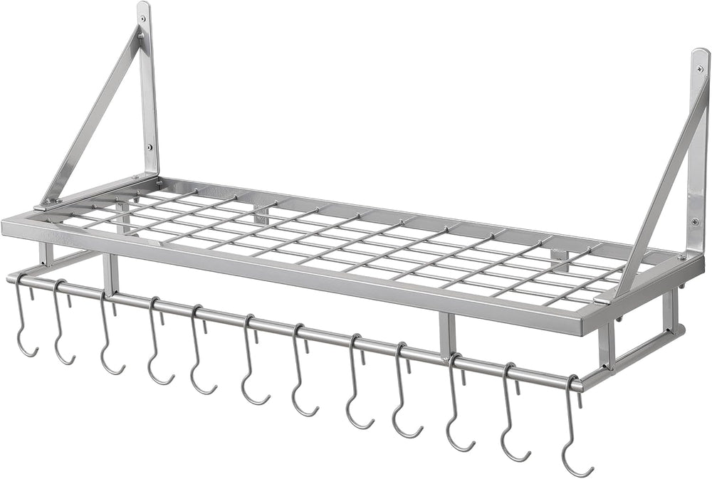 KES 30-Inch Silver Gray Pot Rack with 12 Sturdy Hooks, Wall Mounted