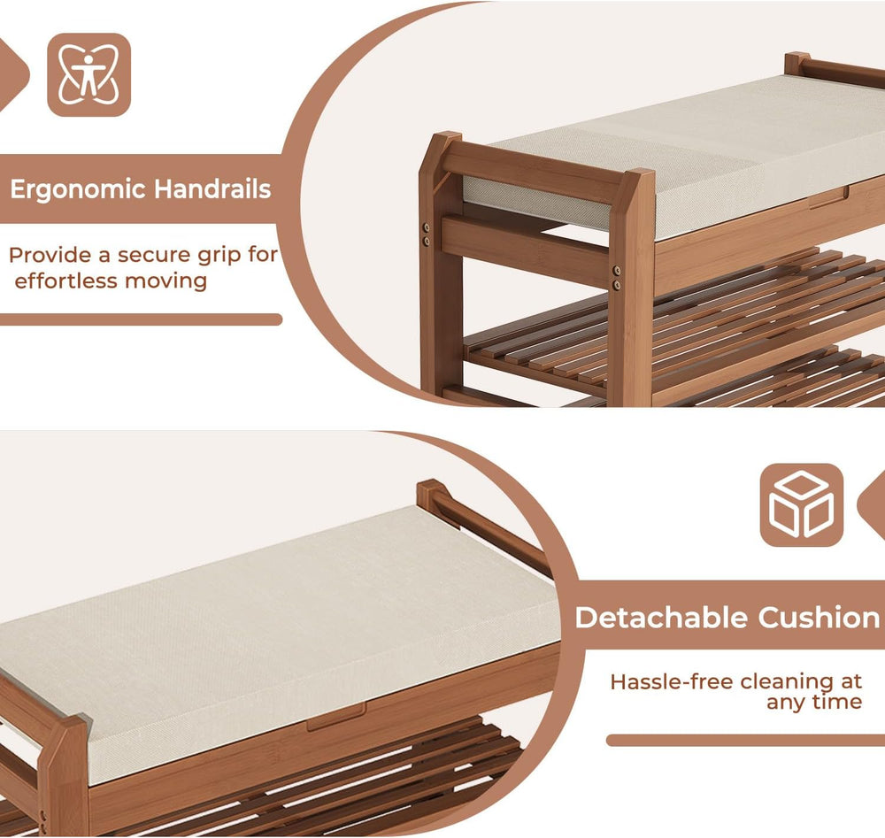 39.4" Entryway Shoe Rack Bench with Cushion, 3-Tier Storage Bench