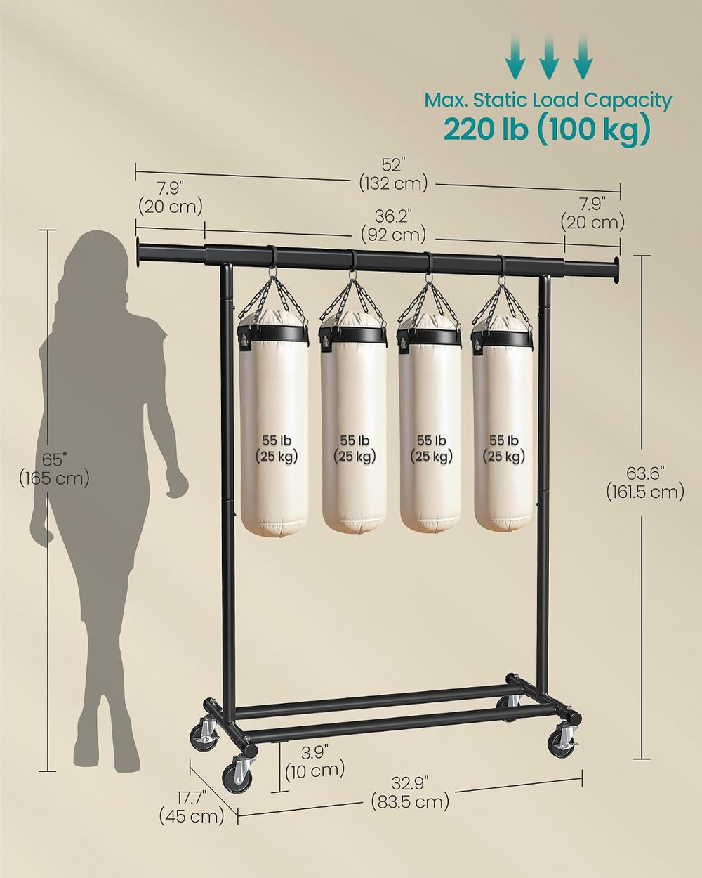 SONGMICS Clothes Rack with Wheels, Heavy-Duty, 220 lb Load Capacity