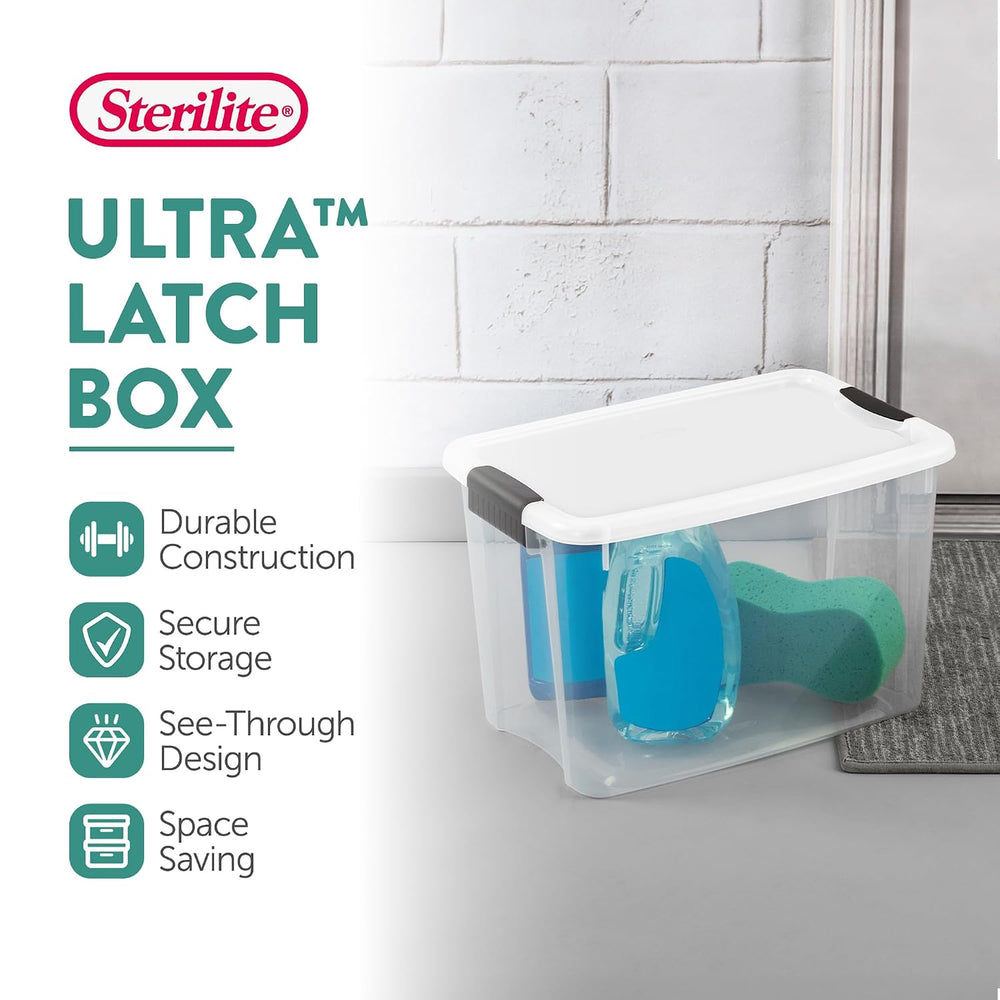 Sterilite 1985 30 Quart Ultra Latch Clear Storage Box with White Lid