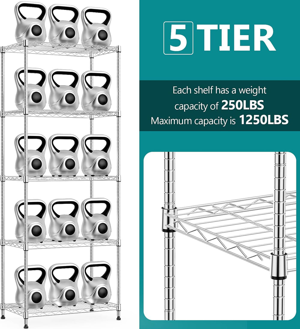 IZEUK 5-Tier Chrome Metal Storage Shelves, Adjustable Wire Shelving Unit for ...