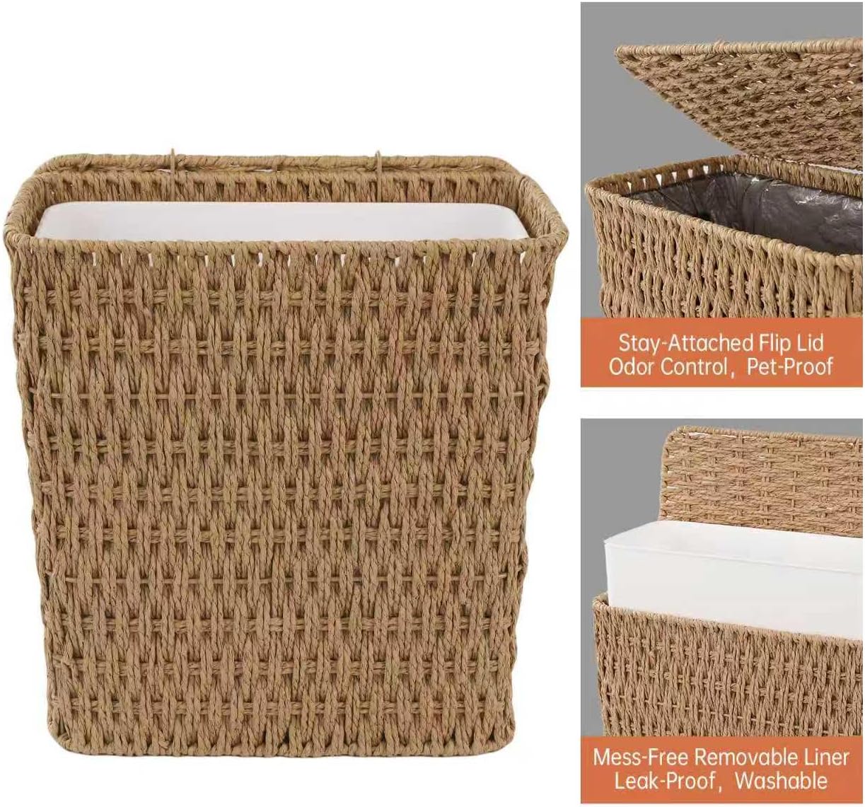 Coeusy 3 Gallon Paper Rope Bathroom Trash Can,Small Wicker Trash Cans with Lid and Liner,Woven Rattan Narrow Waste Basket for Bedroom,Office,Natural