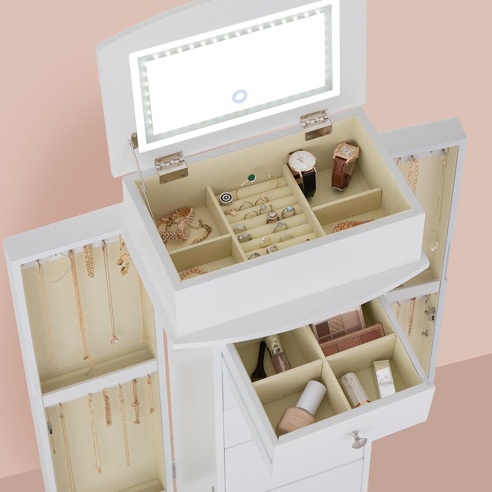 IRONCK Jewelry Cabinet with LED Mirror and 6 Drawers, White