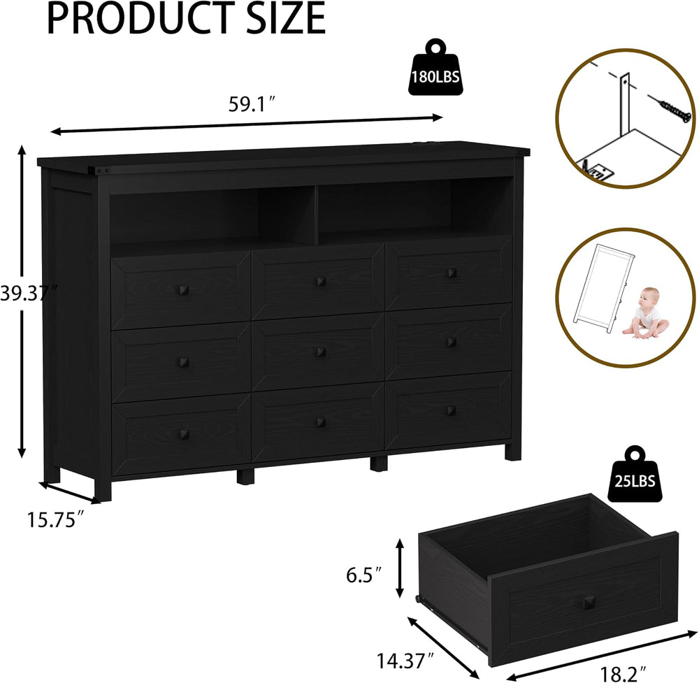 Xixini Dresser for Bedroom with 9 Drawers, LED Lights, Power Outlet, Black