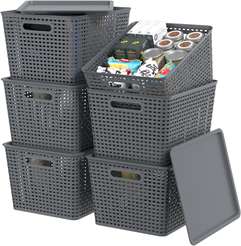 6-Pack Large Plastic Storage Basket Bins with Lid, Gray