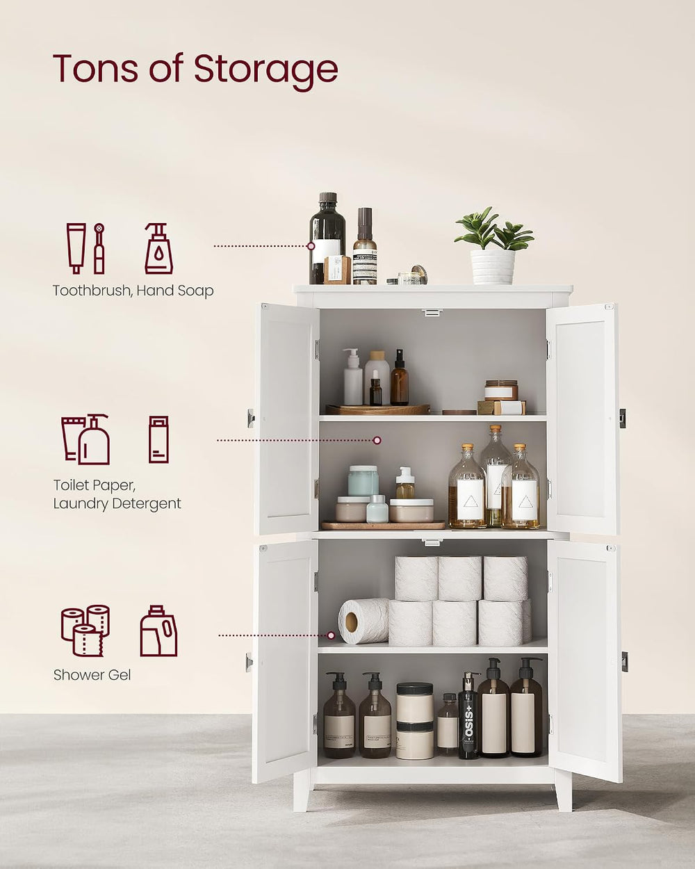 VASAGLE Bathroom Floor Storage Cabinet with 4 Doors, Cloud White