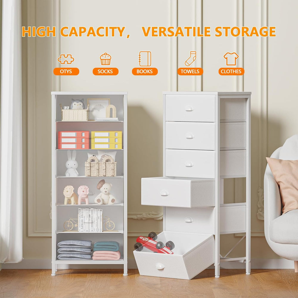 Furnulem White Dresser for Bedroom, 6 Fabric Drawers Chest of Drawers