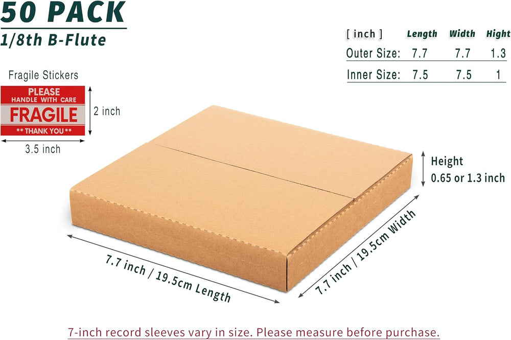 45 RPM 7-inch Record Mailers, 7.5x7.5x1 Inch Mailing Box, 50 Pack