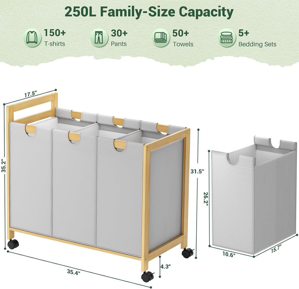 Homykic 250L Laundry Sorter with Wheels, 3-Section Laundry Hamper, Grey