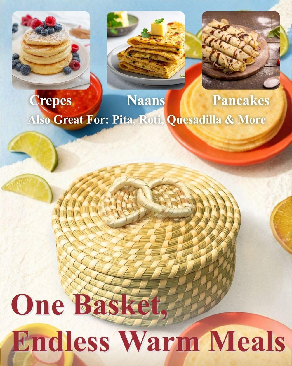 Handwoven Seagrass Tortilla Warmer Basket with Lid, 9.6" Breathable Natu...
