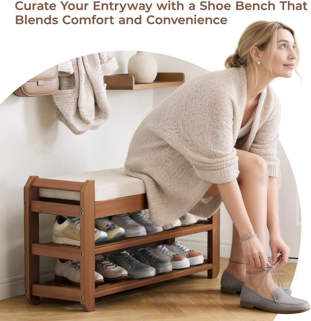 27.6" Shoe Rack Bench with Coat Rack, 2-Tier Entryway Storage Bench