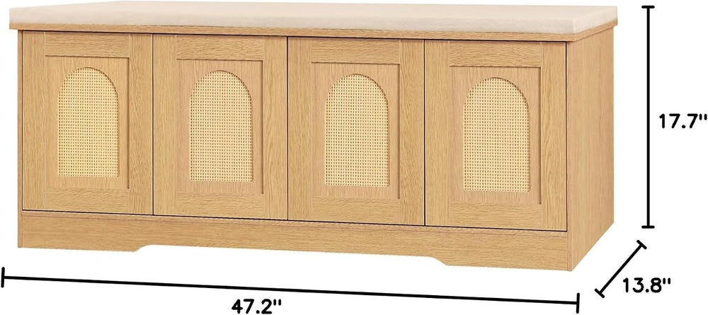 DINZI LVJ Shoe Storage Bench with Cushion, Door, Natural Oak 47.2" LX17.7 H