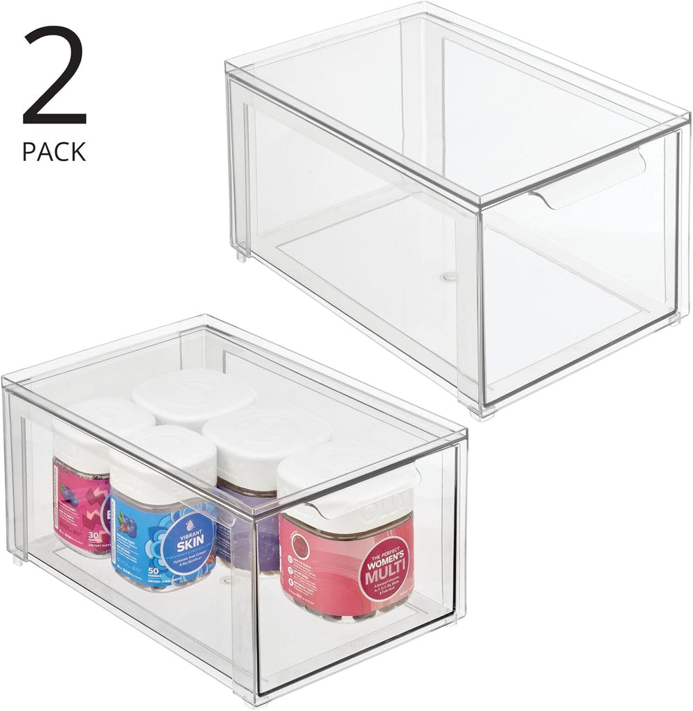 mDesign Plastic Stackable Bathroom Storage with Pull Out Bin Organizer Drawer...
