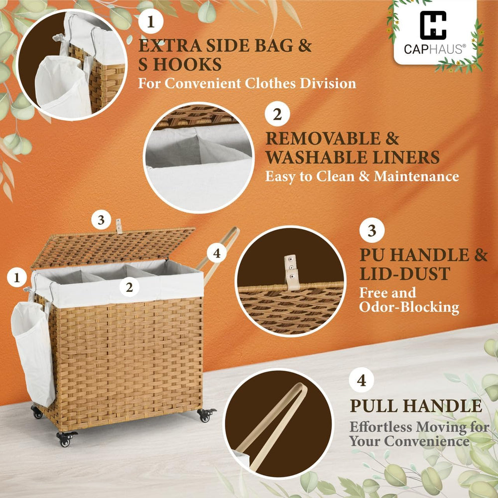CAPHAUS Laundry Basket w/Wheels, Synthetic Rattan Laundry Hamper w/Lid, Remov...