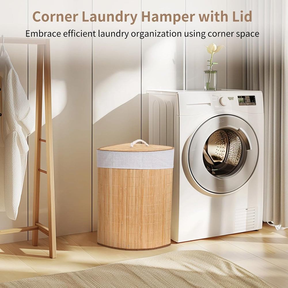 Corner Laundry Hamper with Lid, Foldable Triangle Clothes Hamper, Natural Woo...