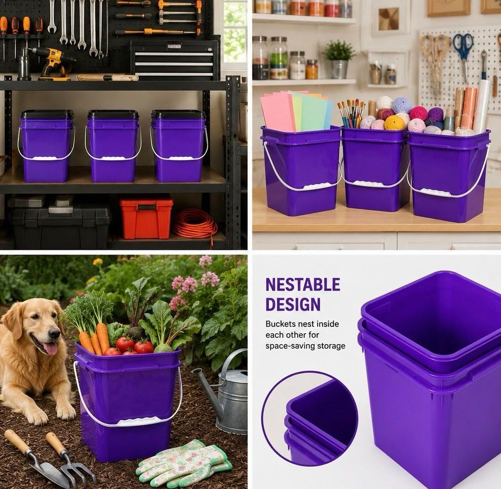 House Naturals 4 Gallon Square Food Grade Bucket Pail with Lid (Pack of 4) Ma...