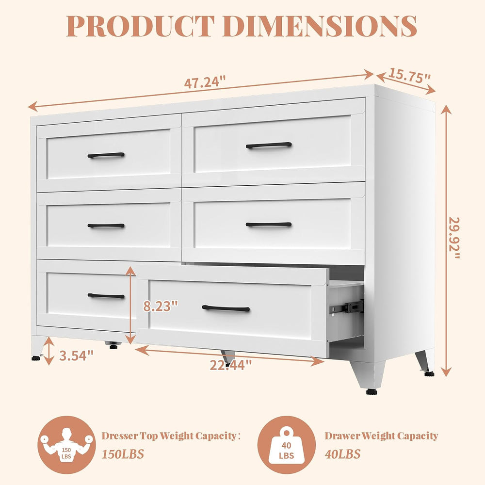 Metal 6 Drawer Dressers for Bedroom, 47" Wide White Steel Chest of Drawe...
