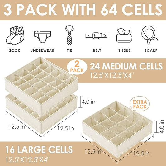 Criusia 3 Pack Sock Underwear Drawer Organizer Dividers, 64 Cell Fabric - Image 2
