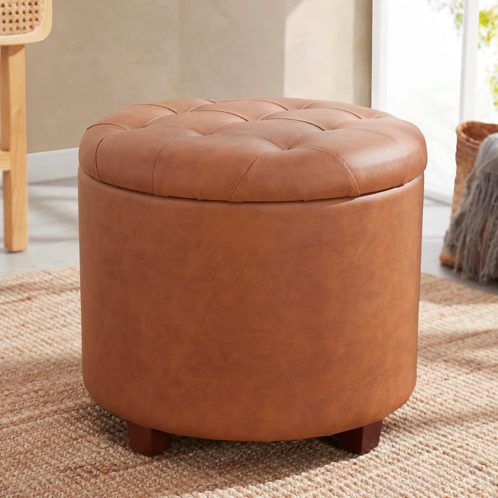 Ornavo Home 18" Round Storage Ottoman with Lid, Holds 300 lbs, Cognac