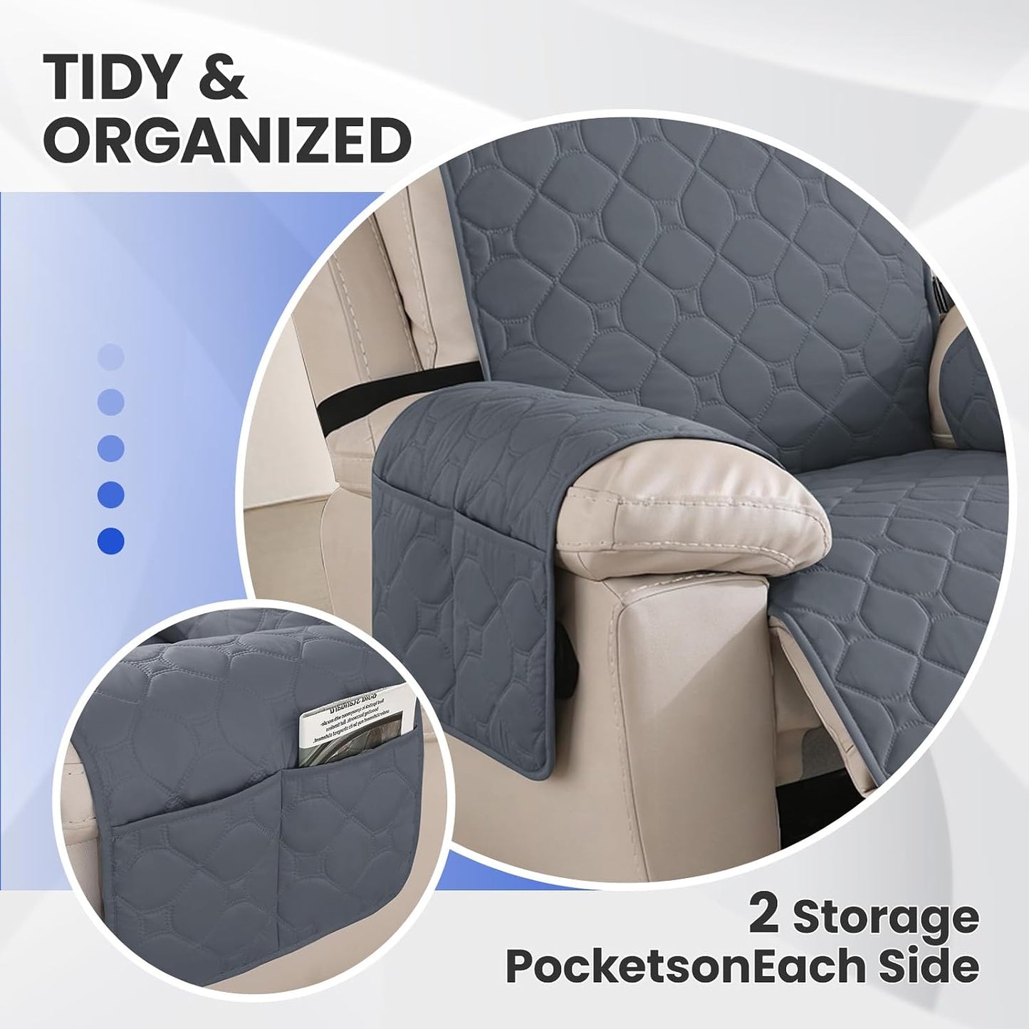 100% Waterproof Recliner Chair Covers, Recliner Cover Stay in Place, Chair Covers for Recliners, Recliner Covers Washable with Pocket, Elastic Straps for Pets, Dogs and Kids (Dark Gray, 23")