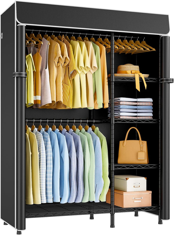 ULIFHOME F2C Clothes Rack with Cover, Black Clothing Racks Heavy Duty