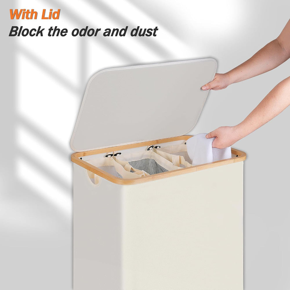 efluky Laundry Hamper 3 Section with lid and 3 Removable Bags, Beige