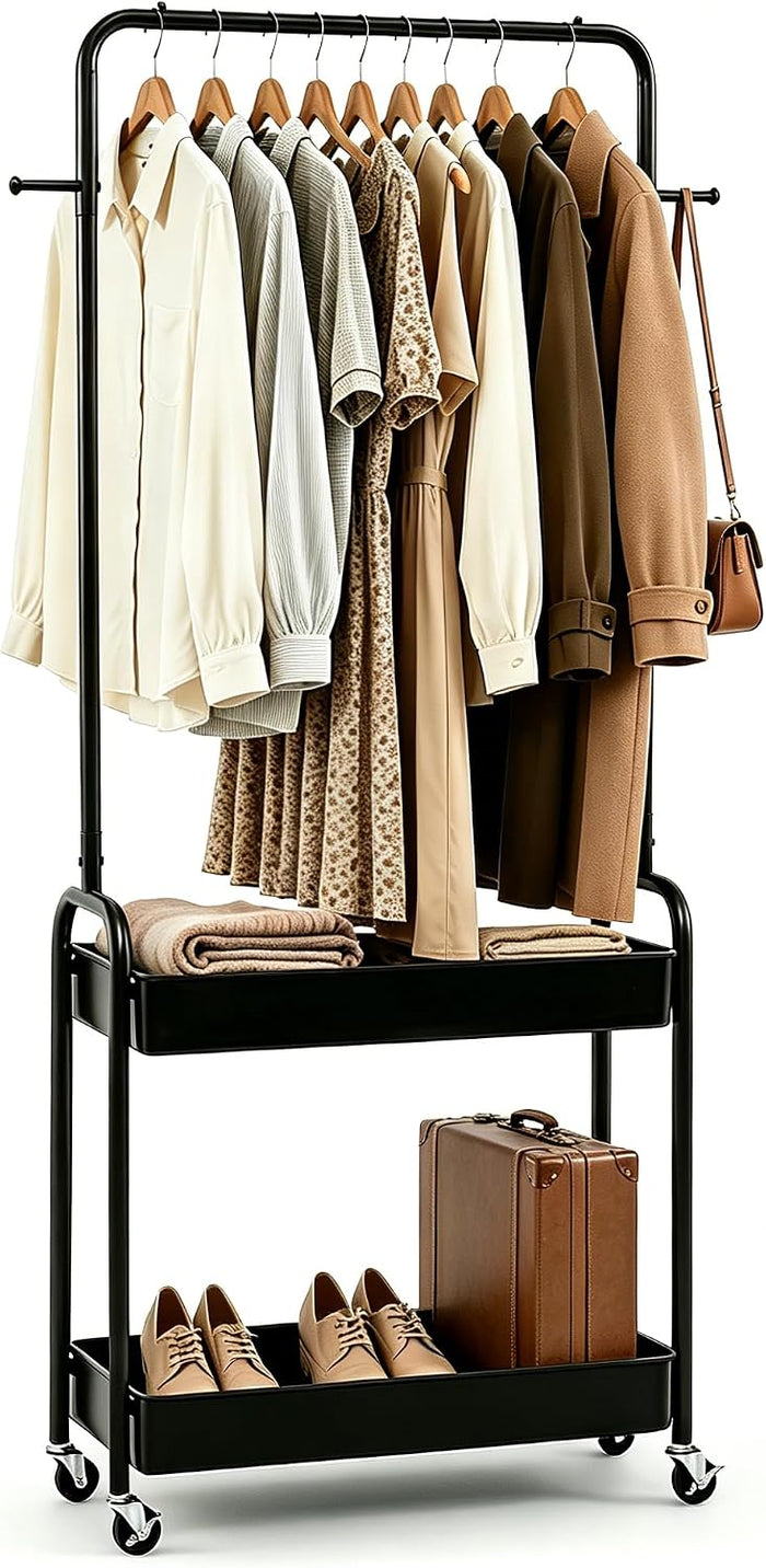 LDAILY Small Rolling Clothes Rack, Heavy Duty Clothing Rack with 2 Baskets, 4 Wheels for Hanging Clothes & Storage, Multi-Purpose Portable Closet for Bedroom, Living Room, Laundry, Small Space (Black)