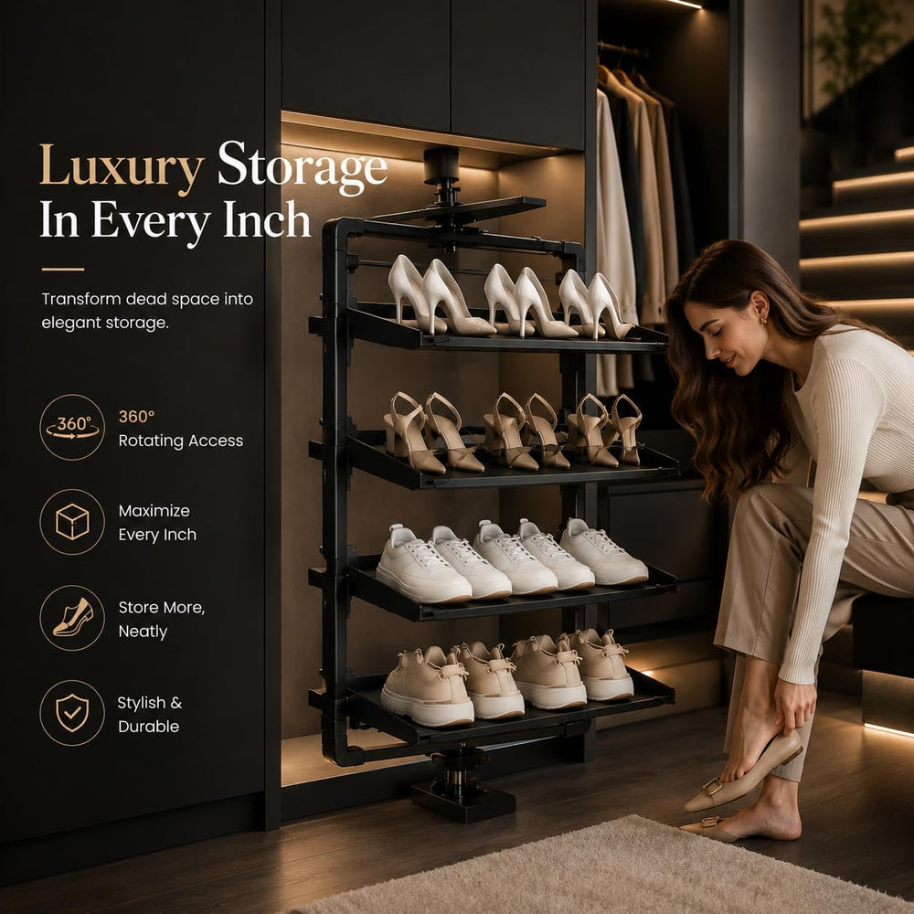 Pull Out Shoe Rack, 360° Rotating Under Stairs Storage Shoe Cabinet, Adjustab...