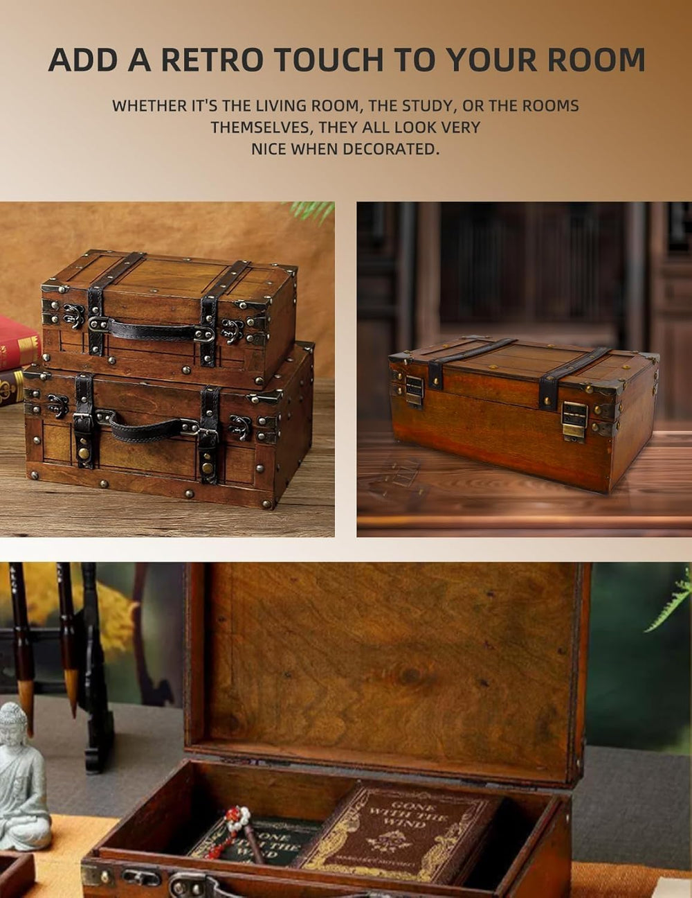 Wooden Storage Box Distressed Treasure Chest Box with Finger Lift Latches Sta...