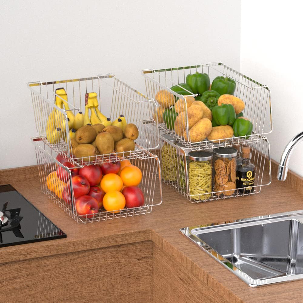 Wire Storage Baskets Stackable Refrigerator Organizer Bins Sturdy Metal Wire ...