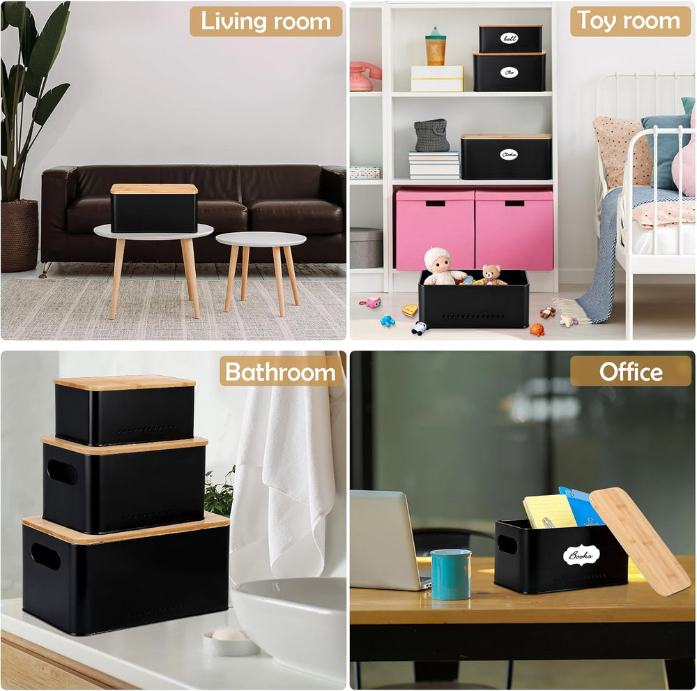 3 Pcs Metal Storage Box with Lid Nesting Farmhouse Storage Bins, Black