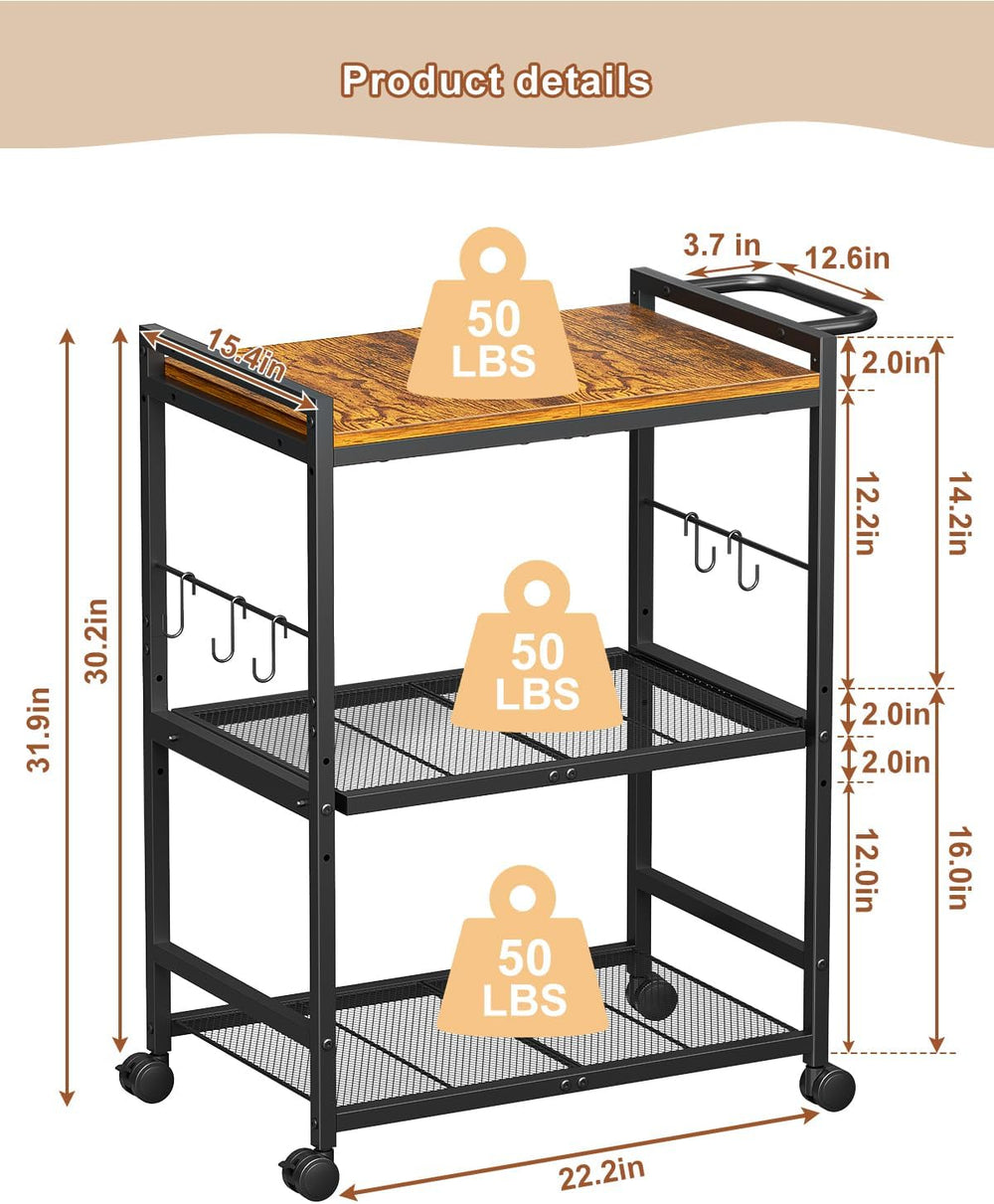 Feyejade 3-Tier Rolling Kitchen Cart with Storage, Compact Metal Island