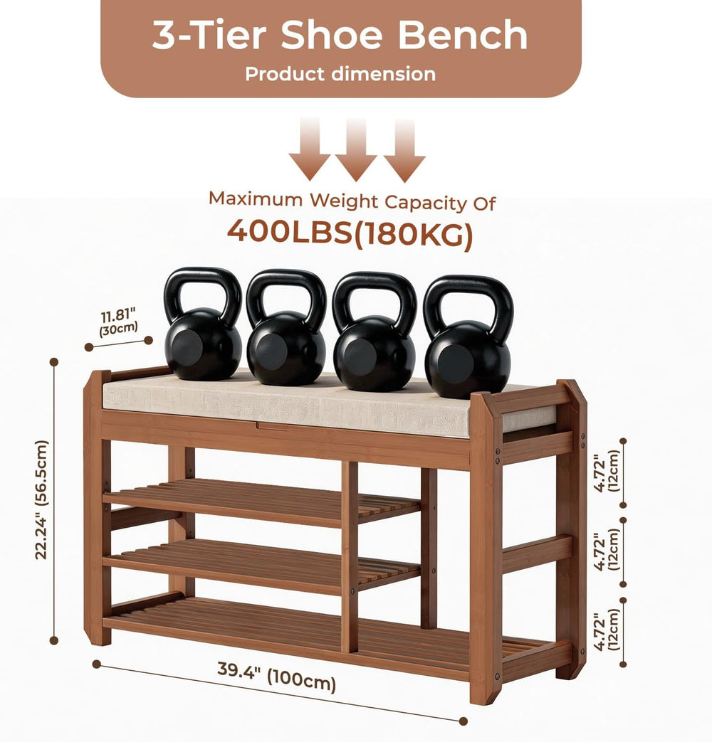 39.4" Entryway Shoe Rack Bench with Cushion, 3-Tier Storage Bench