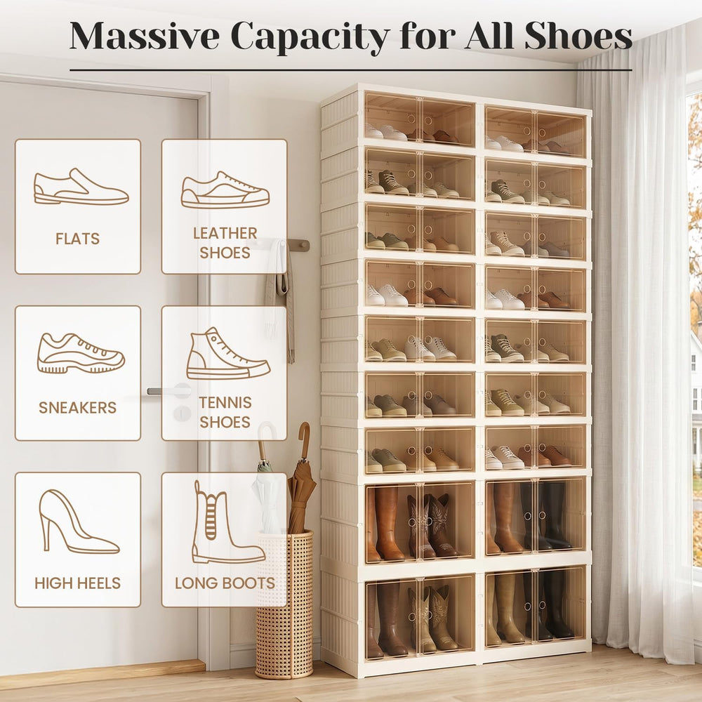 Collapsible Shoe Rack Organizer, Clear Doors Plastic Shoe Storage Cabinet