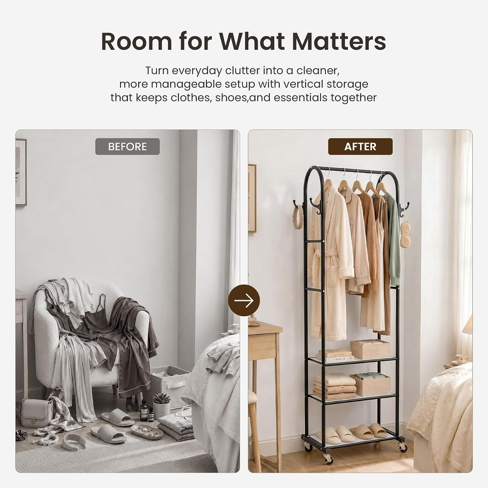 Cesun Small Clothes Rack with 3-Tier Mesh Shelves & 8 Hooks, Black