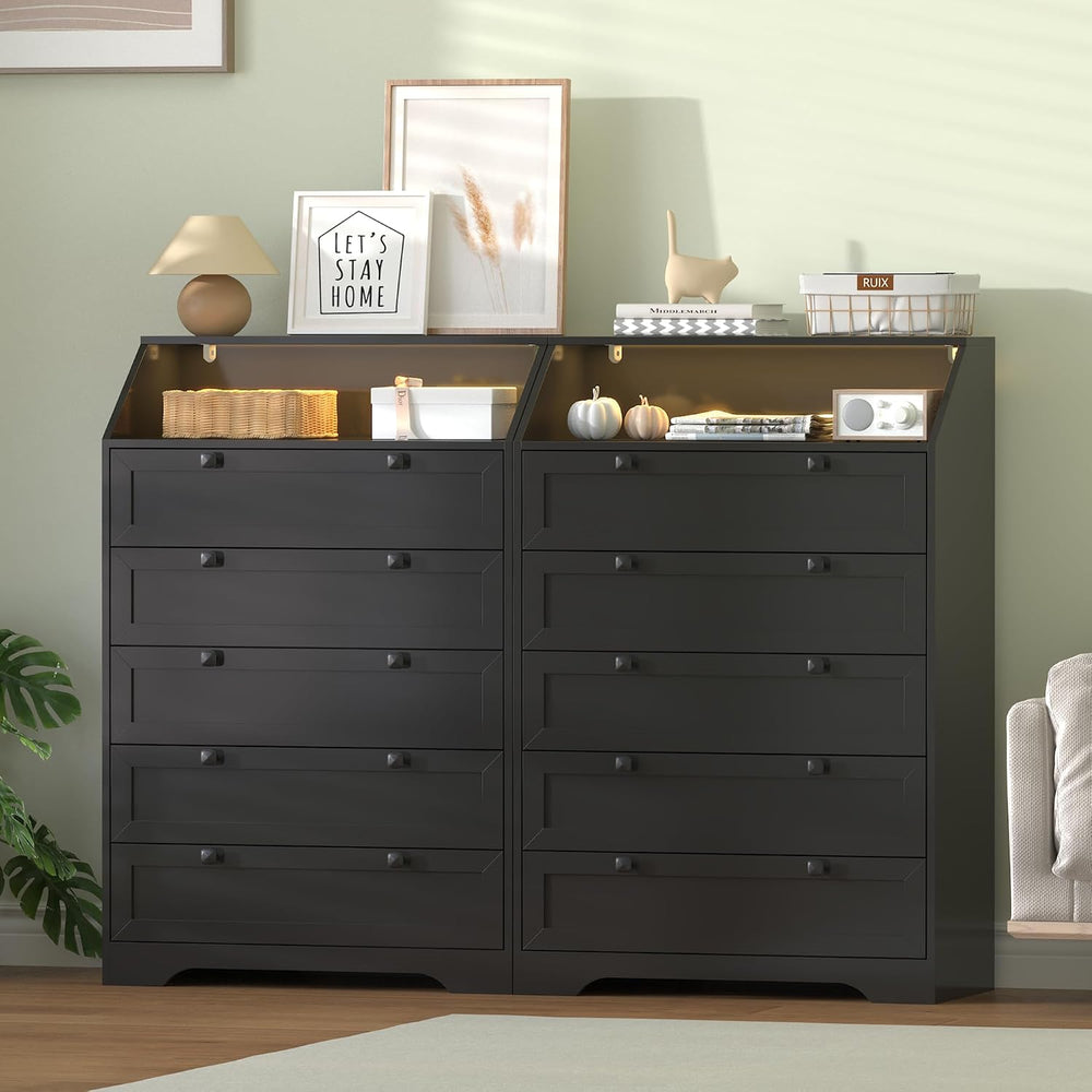 Black Dresser Tall 5 Drawer Dresser for Bedroom, Wood Chest of Drawers with L...