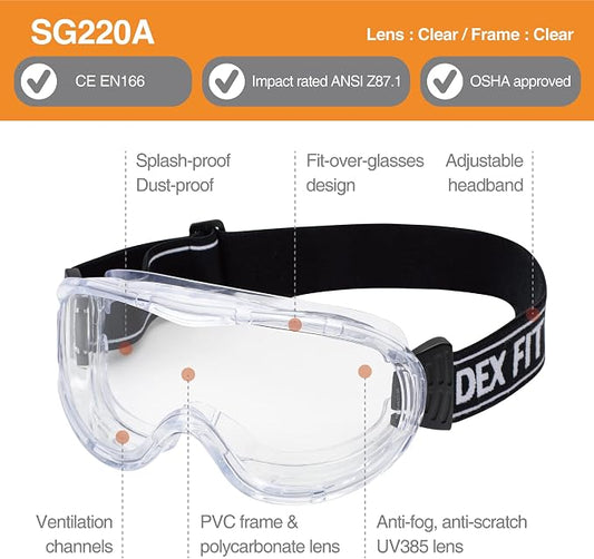 DEX FIT Protective Safety Goggles SG220A; OTG Over Glasses Fit, Anti Fog & - Image 2